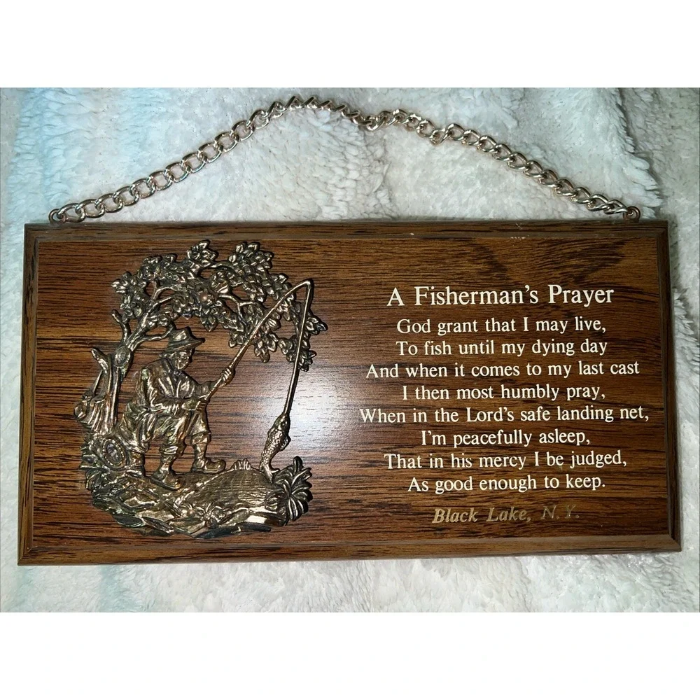 Vintage Fisherman's Prayer Wall Plaque 3d Embossed Decal Black Lake, N.Y.